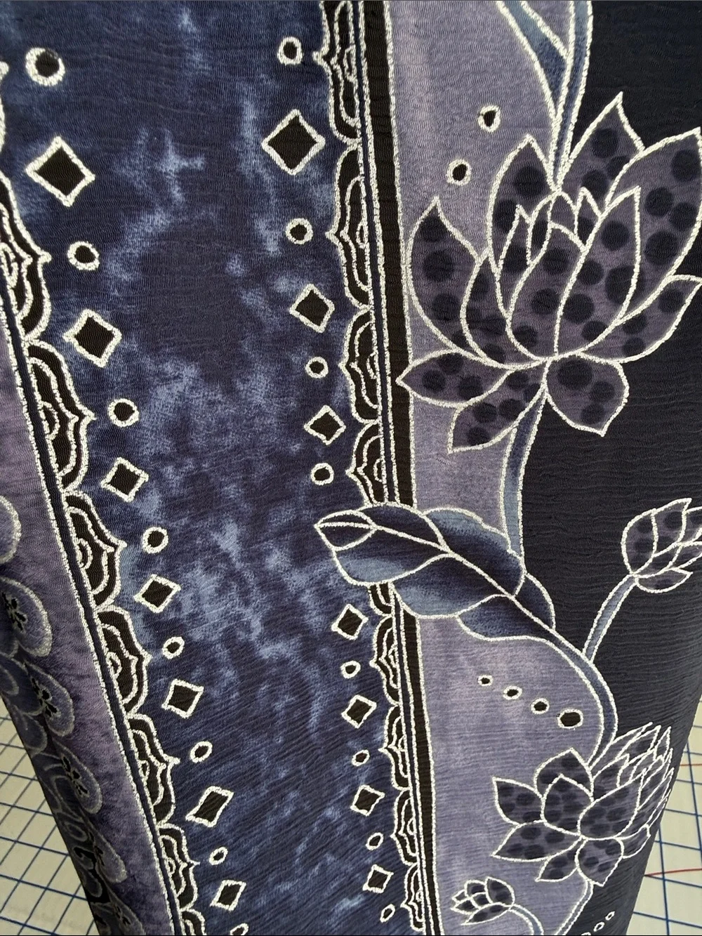 Vintage 1980s Crinkle Crepe Fabric Asian Floral Stripe Black Blue 3 1/3 Yds